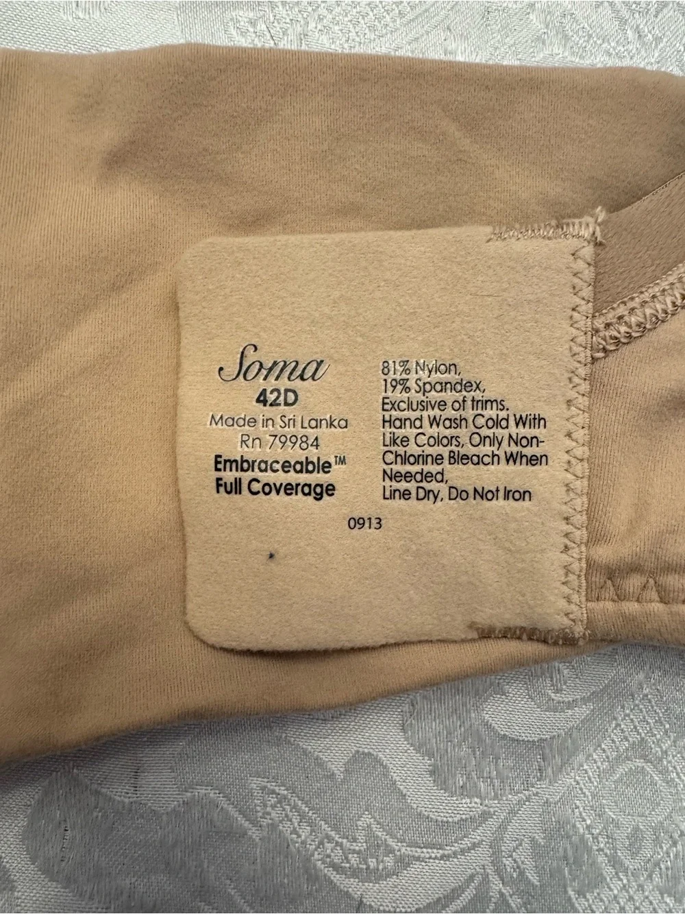 Soma Bra Size 42D Embraceable Full Coverage Underwire Lined Soft‎ Tan New Flawed